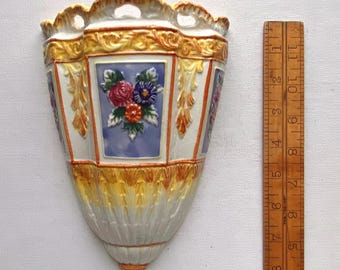Vintage Maruhon Ware Floral Paneled Wall Pocket - Made in Japan - 6 1/4” Wide by 8 1/2” Tall - Touched Up Chip