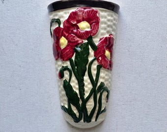 Vintage Ceramic Majolica Style Tulips or Poppies Wall Pocket Vase - Incised Made in Japan - 4 1/4” Wide by 7 1/4” Tall - Chipped Inner Rim