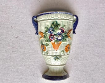 Vintage Ceramic Floral Urn Wall Pocket Vase - Made in Japan - 4 1/8” Wide by 5 1/2” Tall