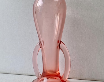 Beautiful Vintage Etched Flowers on Pink Double Handle 8 1/2” Vase - Unmarked