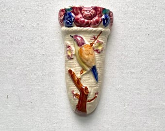 Vintage Majolica Style Ceramic Wall Pocket - Parrot on Branch - Multicolor Glaze - Made in Japan - 3 1/8” Wide by 6” Tall