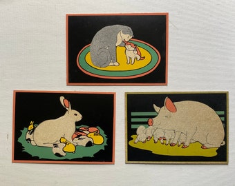 3 - Cute 1950's Flocked Animal Wall Hangings - Children’s Room Art