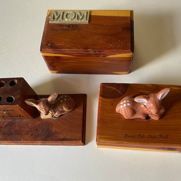 3 - Vintage Cedar Souvenir Trinket Boxes - 2 With Resting Doe Deer - Cherry Valley, NY, Lake Placid, NY, Locust Lake, PA