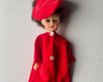 Vintage Hand Made (?) Red Velvet Coat and Beret Doll Clothes - Fits 10” Little Miss Revlon, Nancy Ann, Vogue Type Dolls - Doll Not Included