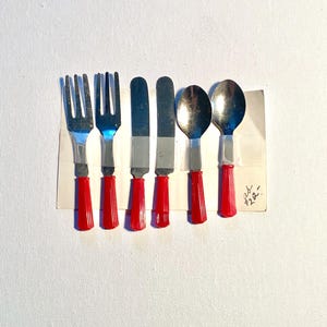 Vintage Steel with Plastic Handles - Childs Doll Utensil Set - Knives, Forks, Spoons