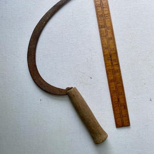 Early 14” Hand Held Sickle - Initialed Hickory (?) Handle Attached Directly to Grooved or Serrated Blade - Numbered - Rusty But Very Sharp
