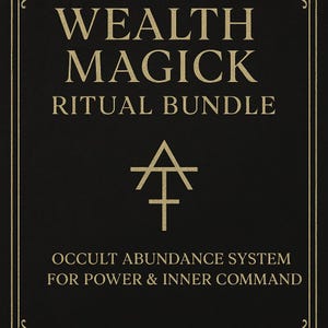 以下が含まれることがあります： 「WEALTH MAGICK RITUAL BUNDLE」というタイトルと「OCCULT ABUNDANCE SYSTEM FOR POWER & INNER COMMAND」というテキストが書かれた黒と金の表紙。表紙の中央には金のシンボルがあります。