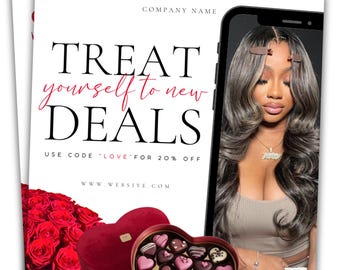 May include: A white and red promotional flyer with the text "TREAT yourself to new DEALS" and "USE CODE 'LOVE' FOR 20% OFF". The flyer also includes a website address and a photo of a woman with long, wavy hair, wearing a beige top and a silver necklace. The woman is holding a heart-shaped box of chocolates.