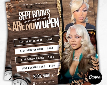 May include: A flyer design with a wood-grain background, featuring the text "SEPT BOOKS ARE NOW OPEN" and service listings. The flyer includes images of two women and the Canva logo. The text "EDITABLE CANVA TEMPLATE- INSTANT DOWNLOAD" is at the bottom.