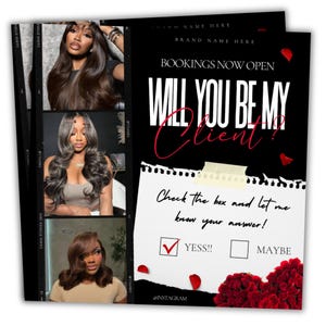 Peut inclure: Un graphique noir et blanc avec du texte rouge qui dit "Will you be my client?" avec une case à cocher qui dit "YESS!!" et une autre case à cocher qui dit "MAYBE". Le graphique est entouré de roses rouges.