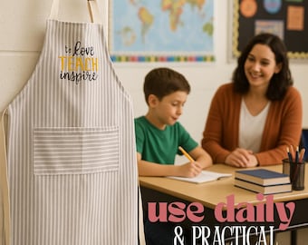 Embroidered Teacher Apron: Striped Cotton Blend with Pocket | Art Teacher Apron School Staff Gift | Love Teach Inspire Elementary Teacher