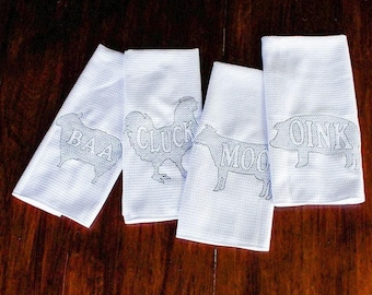 Farmhouse Kitchen Towels Set: Embroidered Farm Animals, Rustic Decor