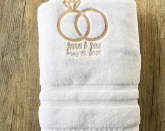 Personalized Wedding Rings Towel | Custom Name & Date Embroidered Gift | Bridal Shower or Anniversary Keepsake | Elegant Couple Towel