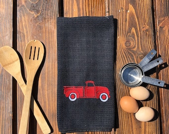 Red Truck Kitchen Towel: Embroidered Microfiber Farmhouse Decor