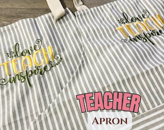 Teacher Apron – Love Teach Inspire | Embroidered Christmas Gift for Preschool & Elementary Teachers | Adjustable Stripe Apron with Pocket