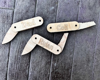 Personalized Wooden Toy Knife: Engraved Folding Pocket Knife for Kids | Engraved Hunting Pretend Knife | Wooden Explorer Toy Fake Knife