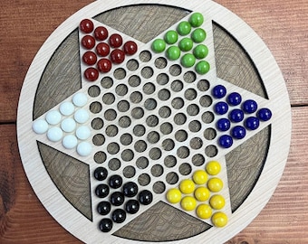 Beautifully Engraved Chinese Checkers Wooden Board Game with Colorful Glass Marbles for Family Game Night Handcrafted Classic Toy