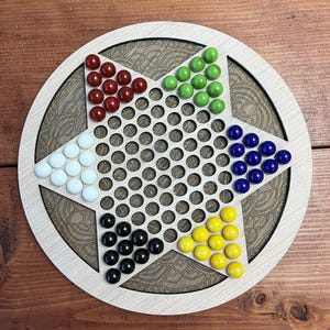 Beautifully Engraved Chinese Checkers Wooden Board Game with Colorful Glass Marbles for Family Game Night Handcrafted Classic Toy