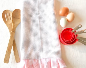 Hand Sewn Farmhouse Kitchen Towel: Plaid Ruffle Embroidered Dish Towel