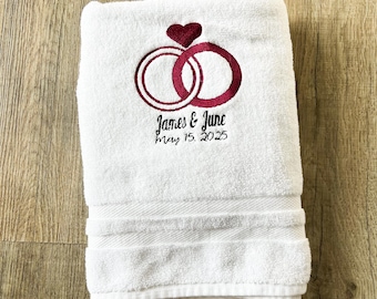 Wedding Rings Towel with Heart Bands | Personalized Name & Date Gift for Couple | Bridal Shower Keepsake | Romantic Anniversary Towel