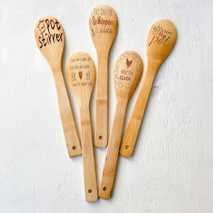 Engraved Bamboo Wood Spoon with Funny Quotes - Unique Kitchen Decor Gift for Her - Pot Stirrer for Moms Sisters and Friends