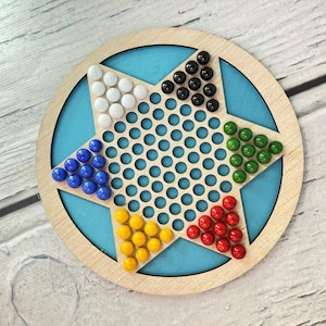 Handcrafted Engraved Chinese Checkers Board Game | Multicolored Glass Marbles - Family Fun Night Wooden Toy for Kids Custom Colors Available