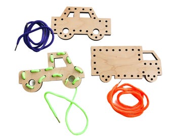 Wooden Lacing Toy for Kids | Fine Motor Skills Montessori Toy | Cars & Trucks Toddler Activity Travel Toy