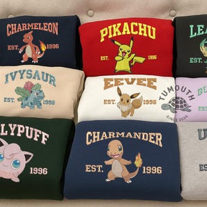 Custom Anime Poke Character Embroidered Sweatshirt, Anime Embroidered Shirt, Gift for Anime Lover, Custom Name on Sleeve Shirt, Gift for Him