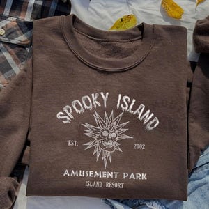 Spooky Land Embroidered Crewneck, Retro Halloween Movie Embroidered Sweatshirt, Spooky Skull Embroidered Shirt: Retro Halloween Sweatshirt