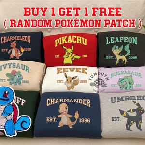 Custom Anime Poke Character Embroidered Sweatshirt, Anime Embroidered Shirt, Gift for Anime Lover, Custom Name on Sleeve Shirt, Gift for Him