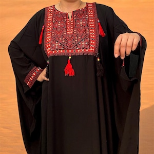 Limited Edition Palestinian Thobe abaya Embroidery Maxi Dress Black and Red Sunbola