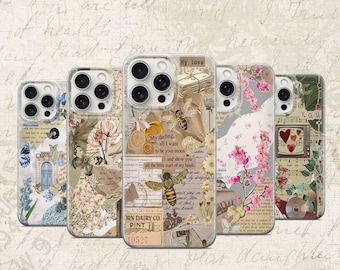 Op de afbeelding: Set van zes telefoonhoesjes met een collage van vintage afbeeldingen, waaronder bloemen, vlinders en tekst. De hoesjes zijn in verschillende kleuren, waaronder roze, blauw, groen en bruin.