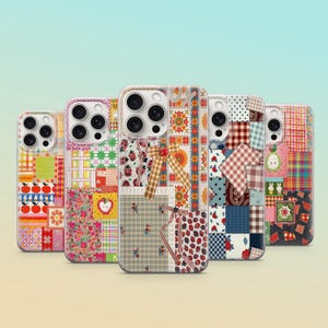 May include: Five different iPhone cases featuring a patchwork design. The cases are all clear and display the phone's camera lenses. The patchwork designs incorporate a variety of colours and patterns, including red, blue, green, yellow, and white.