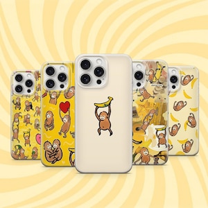 May include: Five phone cases with monkey and banana illustrations. The cases have yellow backgrounds with repeating patterns of monkeys, bananas, and hearts. One case shows a monkey holding a banana.