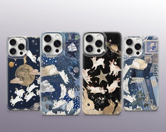Vintage Bunny Phone Case Celestial Moon Space Cover iPhone 17 16 15 Pro Max Samsung Galaxy S26 Ultra Whimsical Rabbit Gift