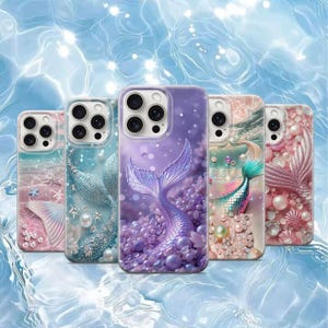 May include: Five phone cases with mermaid tail designs. The cases feature various colors, including pink, blue, and purple, with pearl and gem accents. The background is a watery blue.