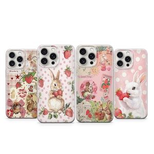 Vintage Strawberry Rabbit Phone Case Cute Bunny Easter Cover Pink Sweet Berry Bunny Case iPhone 11 iPhone 12 iPhone 13 iPhone 14 iPhone 15