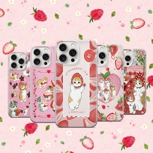 Custodia per telefono con gatto fragola carina, custodia con bacche fresche, custodia per gatto kawaii divertente, collage di animali domestici rosa per iPhone 11, iPhone 12, iPhone 13, iPhone 14, 15, 16