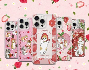 Cute Strawberry Cat Phone Case Fresh Berries Cover Funny Kawaii Cat Case Pink Pet Collage iPhone 11 iPhone 12 iPhone 13 iPhone 14 15 16