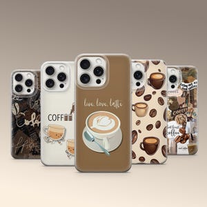 May include: Five different phone cases with coffee-themed designs. The cases are all clear and show the phone's camera lens. The designs include a latte with the text "live, love, latte", a coffee cup with the text "COFFEE", a coffee cup with the text "but first coffee", a coffee cup with the text "COFFEE" and a collage of coffee-related images.