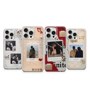 May include: Four clear phone cases with different designs. Each case features a collage of photos, text, and hearts. The text on the cases includes "LOVE YOU", "LOVE", "12.12.2024", and "you are my favorite feeling".