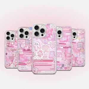 May include: Five pink and white iPhone cases with different designs featuring a pastel colour scheme and a variety of graphics, including hearts, clouds, and text. The text on the cases includes "I love you", "Cutie!" and "HEADPAT 01.1".