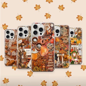 Puede incluir: Una colección de cinco fundas para teléfono con diseños otoñales. Cada funda presenta un collage de elementos de otoño como calabazas, hojas y texto. La paleta de colores incluye naranjas cálidos, marrones y cremas, evocando una sensación estacional acogedora.