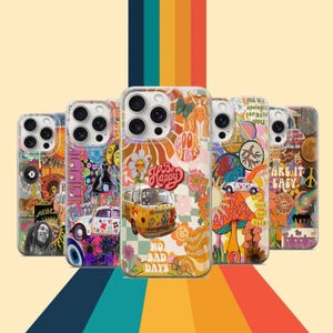 Hippie Collage Phone Case Colorful Groovy Retro Hippie Cover Bohemian Case Peace Harmony Cover iPhone 12 iPhone 13 iPhone 14 iPhone 15 16