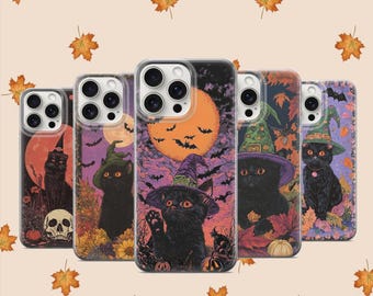 Witch Black Cat Phone Case Wizard Cute Pet Cover Halloween Autumn Black Cat Case Bat Pumpin Collage iPhone 12 iPhone 13 iPhone 14 iPhone 15