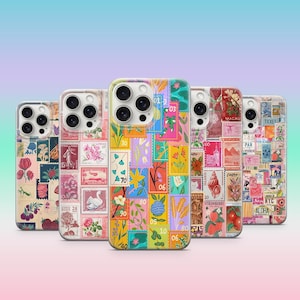 May include: Five different phone cases featuring a colourful collage of postage stamps with numbers, flowers, and other designs. The cases are clear and show the phone's camera lens.