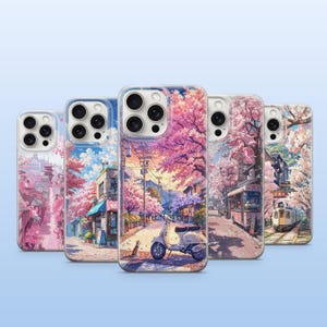 Japanese Korean Landscape Phone Case Pink Cherry Blossoms Cover City Street Cover iPhone 11 iPhone 12 iPhone 13 iPhone 14 iPhone 15 iPhone16