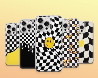 Checkered Phone Case Cute Black & White Groovy Cover Checkerboard Cover iPhone 11 iPhone 12 iPhone 13 iPhone 14 iPhone 15 iPhone 16 Pro Max