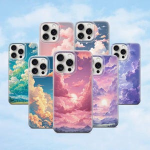 May include: Set of 7 phone cases featuring a range of colourful cloud and sky designs. The cases are clear, allowing the phone to be seen through the design.