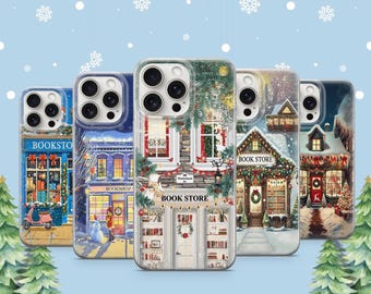 Funda para móvil con diseño de librería invernal acogedora, funda navideña para iPhone 17 Pro Max, Samsung S26 Ultra y S25. Regalo ideal para amantes de los libros en estas fiestas.